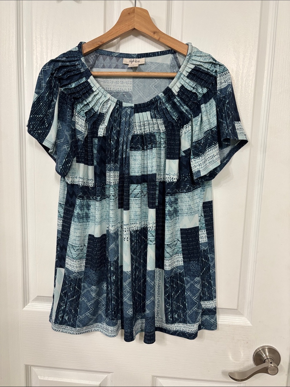 Style & Co. Women's Navy and Light Blue Patchwork Peasant Top Short Sleeve